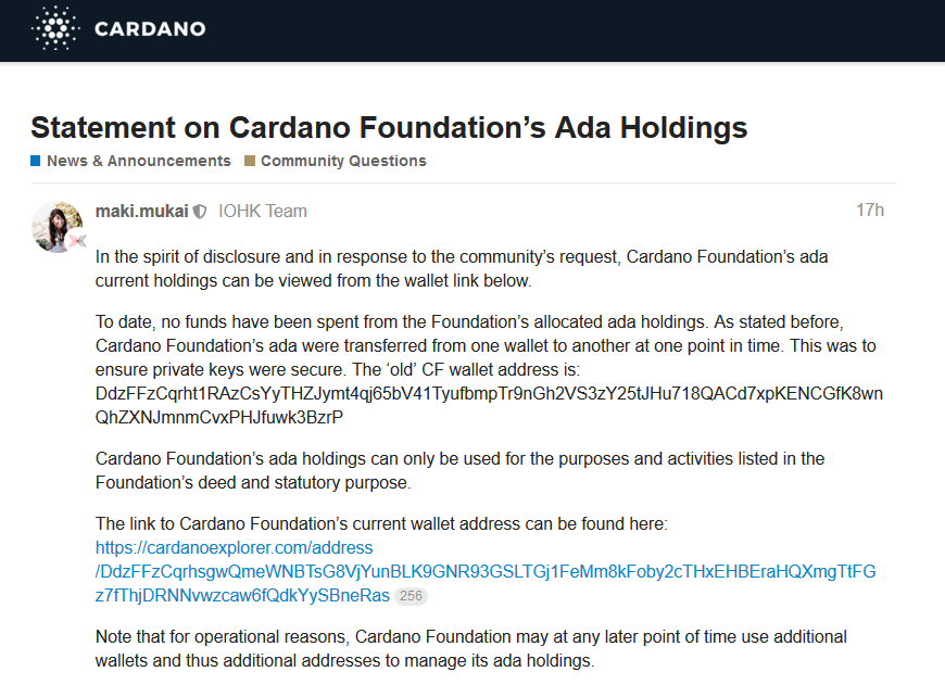 カルダノ財団のADA Holdingsに関する声明